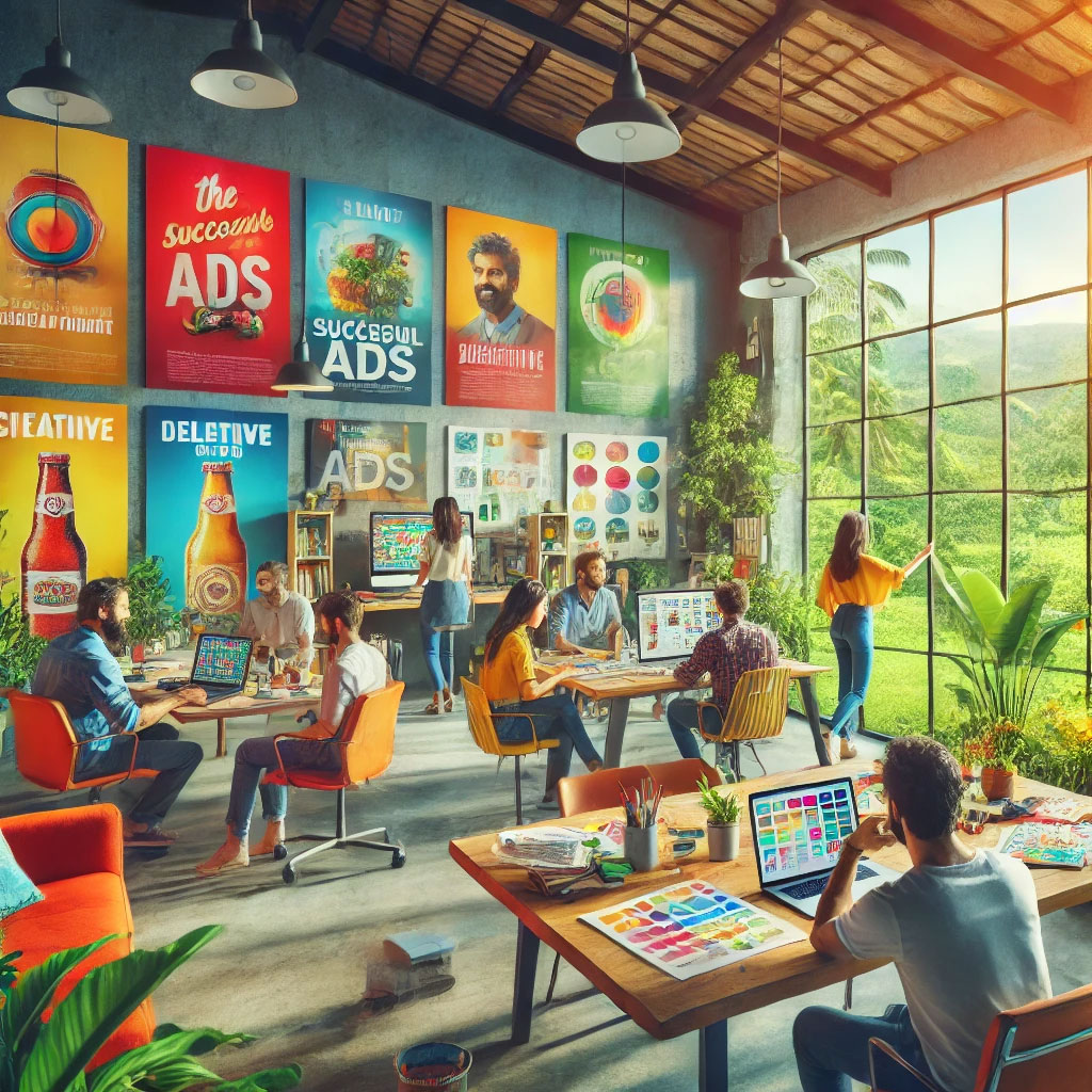 A creative and collaborative advertising office filled with designers and marketers working together, with natural greenery visible through large windows.